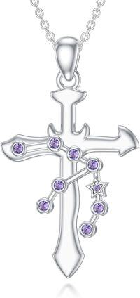 wholesale 925 Sterling Silver Purple Crystal Libra Zodiac Constellation Cross Pendant Necklace-Aquarius
