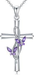 wholesale 925 Sterling Silver Butterfly Cross Pendant Necklace with Purple Stones for Women Jewelry-0-0
