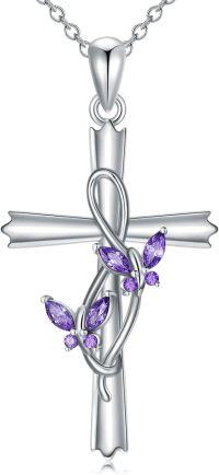 wholesale 925 Sterling Silver Butterfly Cross Pendant Necklace with Purple Stones for Women Jewelry-Butterfly