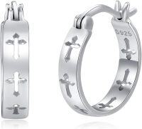 wholesale S925 Sterling Silver Hollow Cross Hoop Earrings for Women and Girls-Cross
