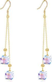 wholesale 14K Gold Cube Crystal Drop Threader Earrings for Women-crystal