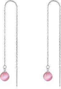 wholesale Sterling Silver Pearl Threader Earrings Long Tassel Drop Dangle-Pink opal threader earrings