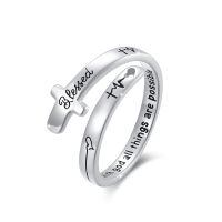 wholesale 925 Sterling Silver Cross Ring With Engraved Blessing Quote-Cross Blessed 2