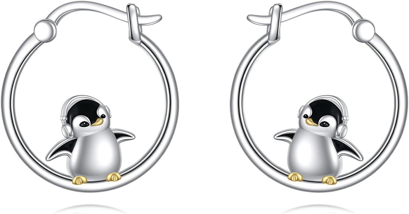 Sterling Silver Animal Hoop Earrings Fox Bear Penguin Axolotl Octopus Raccoon Christmas Gifts for Women-penguin hoop earrings