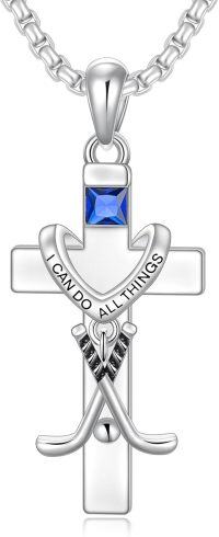 wholesale 925 Sterling Silver Sports Theme Cross Necklace w/Blue Crystal & I Can Do All Things Pendant for Men/Women-02-Cross Hockey Necklace-10-Hockey Necklace-Personalized Birthstone