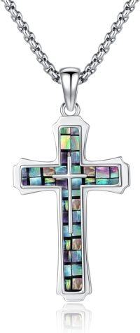 wholesale 925 Sterling Silver Cross Pendant with Abalone Shell Inlay and Multicolor Stones for Men-07 Mosaic Abalone Shell