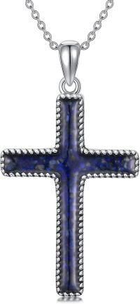 wholesale 925 Sterling Silver Blue Stone Cross Pendant Necklace for Women-Lapis Lazuli