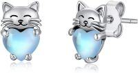 wholesale 925 Sterling Silver Heart-Shaped Blue Opal Cat Stud Earrings - Adorable Kitty  for Her-Moonstone