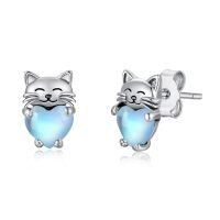 wholesale 925 Sterling Silver Heart-Shaped Blue Opal Cat Stud Earrings - Adorable Kitty  for Her-Moonstone