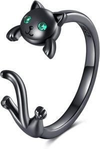 wholesale 925 Sterling Silver Gold Plated Black Cat Open Ring for Women Men-Black Cat Ring