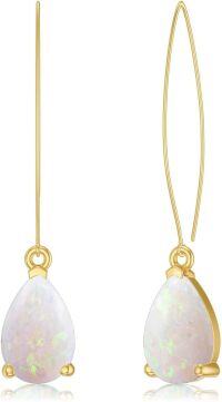 wholesale Sterling Silver White Blue Pink Opal Dangle Earrings-Yellow Gold-White Opal