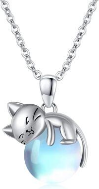 wholesale 925 Sterling Silver Cat Mom Baby Sleeping With Yellow Crystal Pendant Necklace-moonstone