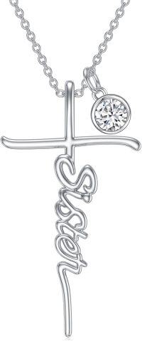 wholesale 925 Sterling Silver Birthstone Cross Sister Initial Pendant Necklace-04-April-13-Customized Initials