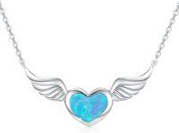 wholesale 925 Sterling Silver Blue Fire Opal Heart with Angel Wings Pendant Necklace for Women and Girls-Angel Wings Necklace-Blue Opal