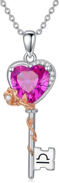 wholesale  Sterling Silver Birthstone Zodiac Necklace for Women Rose Flower Key Pendant Wife Gift -10-Libra (9\/23~10\/23)