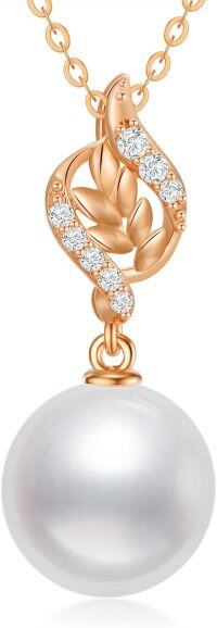 wholesale 14K Gold Leaf Design with White Pearl Pendant Necklace for Women - Elegant  (Length: Adjustable)-Rose Gold gold