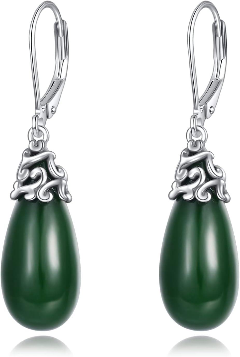 925 Sterling Silver Green Jade Drop Earrings with Leverbacks-0-0