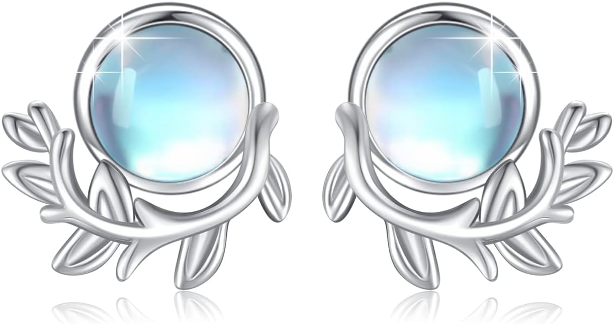 Sterling Silver Blue Opal Turquoise Moonstone Leaf Stud Earrings-A-Moonstone