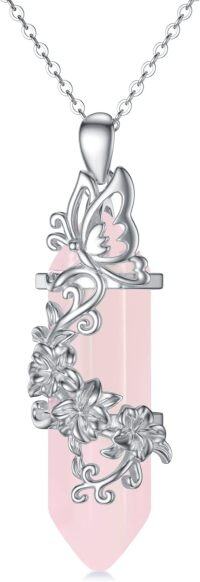 wholesale 925 Sterling Silver Rose Quartz Reiki Healing Crystal Necklace - Love, Calm, Femininity - 18 with Extender - Hypoallergenic Gift for Women-Butterfly