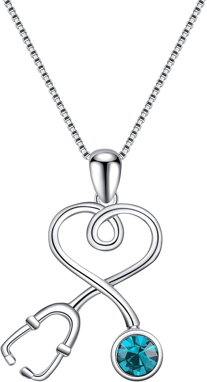 Sterling Silver Stethoscope Necklace w 12 Austria Birthstone Crystals Med Grad Gift-925 Silver - Blue Zircon