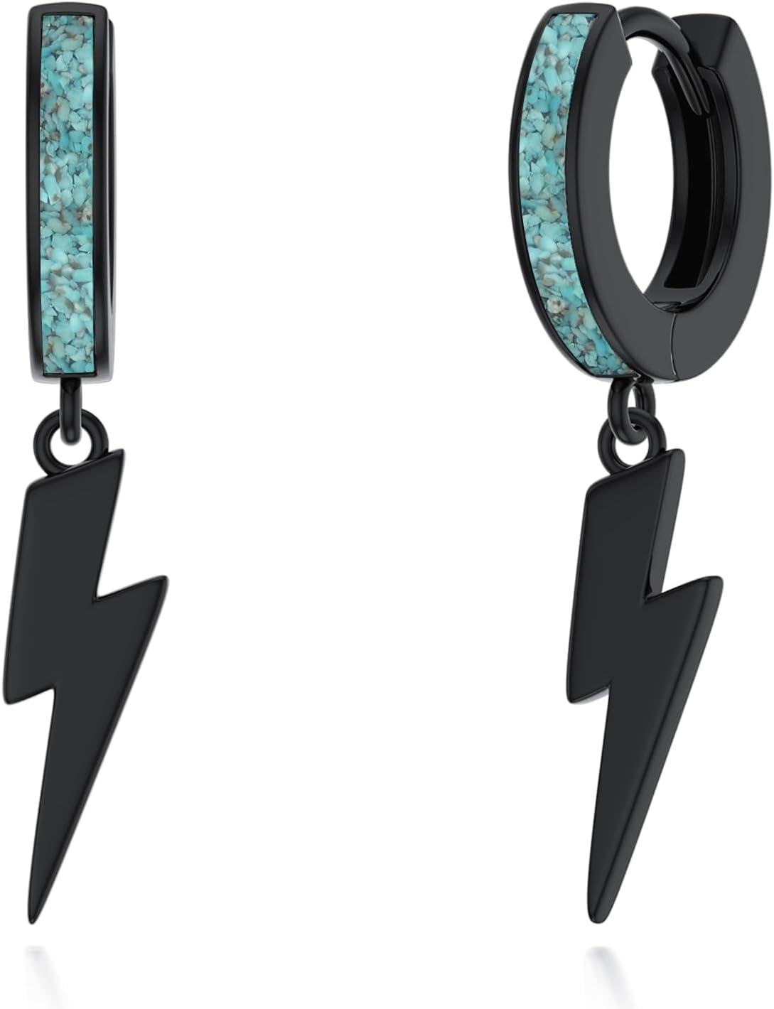 Sterling Silver Turquoise Black Butterfly Skull Cross Star David Sword Lightning Bolt Feather Hoop Drop Earrings-Lightning Bolt