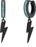 wholesale 925 Sterling Silver Blue Stone Huggie Hoops with Black Lightning Bolt Drops-0-0