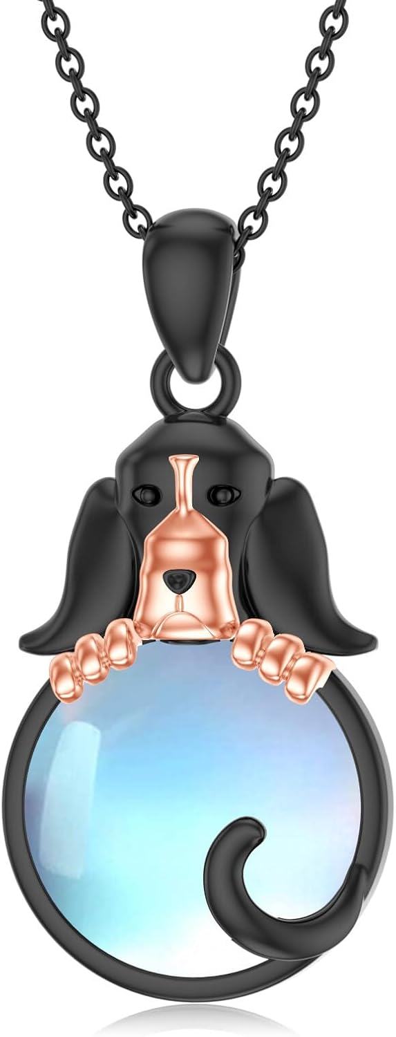Sterling Silver Moonstone Dog Necklace for Women Memorial Jewelry Gift-Dachshund