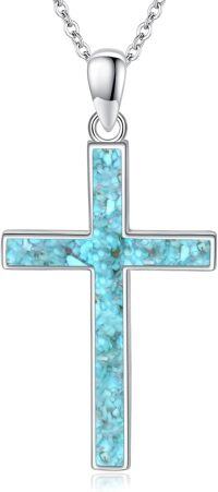 wholesale 925 Sterling Silver Cross with Turquoise and Malachite Inlay Christian Pendant Necklace-Turquoise
