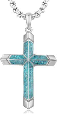 wholesale 925 Sterling Silver Turquoise Inlay Cross Pendant Necklace for Men Religious s-A02 - Silver Cross with Turquoise Gravel