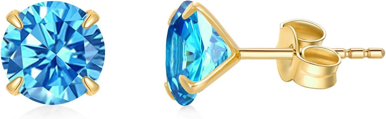 14K Yellow Gold Simulated Diamond Stud Earrings-3-March-Aquamarine