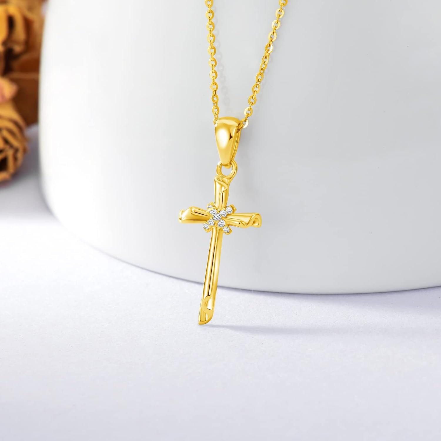 Yellow Gold 14K Women s Crucifix Cross Pendant Necklace 16+1+1 Inch-0-2