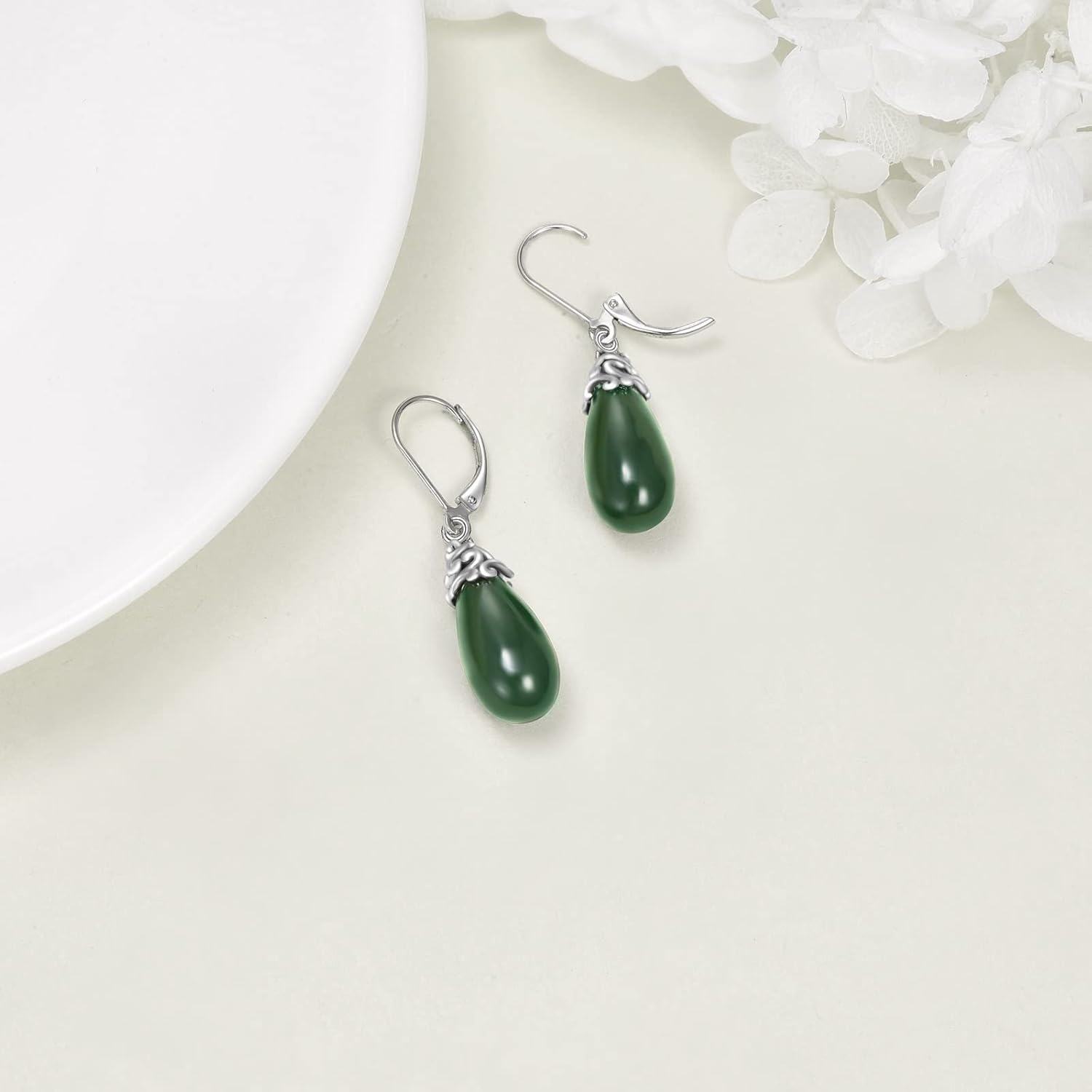 925 Sterling Silver Green Jade Drop Earrings with Leverbacks-0-3