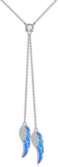 wholesale 925 Sterling Silver Zirconia Angel Wing Necklace with Birthstone for Women-Blue Opal