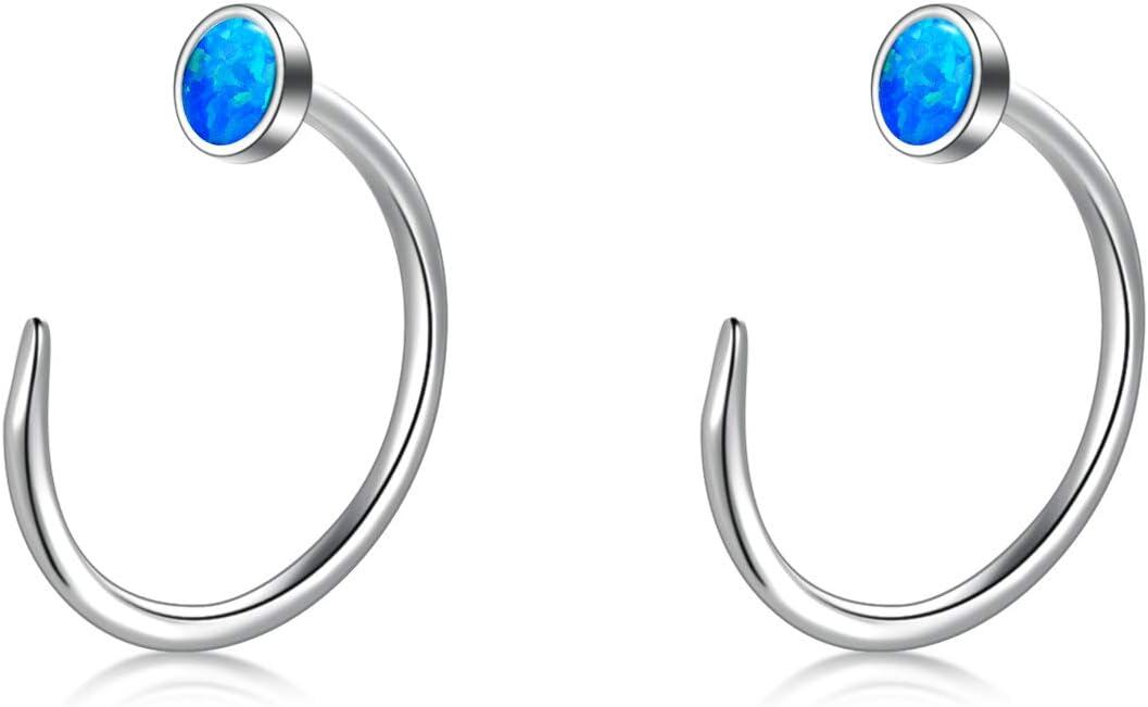 Sterling Silver CZ Opal Dainty Threader Huggie Hoop Earrings for Women-2-Blue Opal \/ Silver