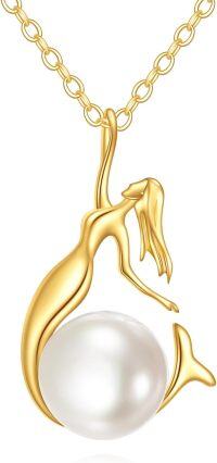 wholesale 14K Gold Pearl Ocean Stone Mermaid Pendant Necklace for Women-Mermaid Pearl
