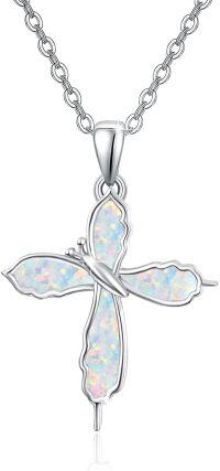 wholesale 925 Sterling Silver Opal Butterfly Cross Pendant Necklace for Women Confirmation Gifts-01-white opal