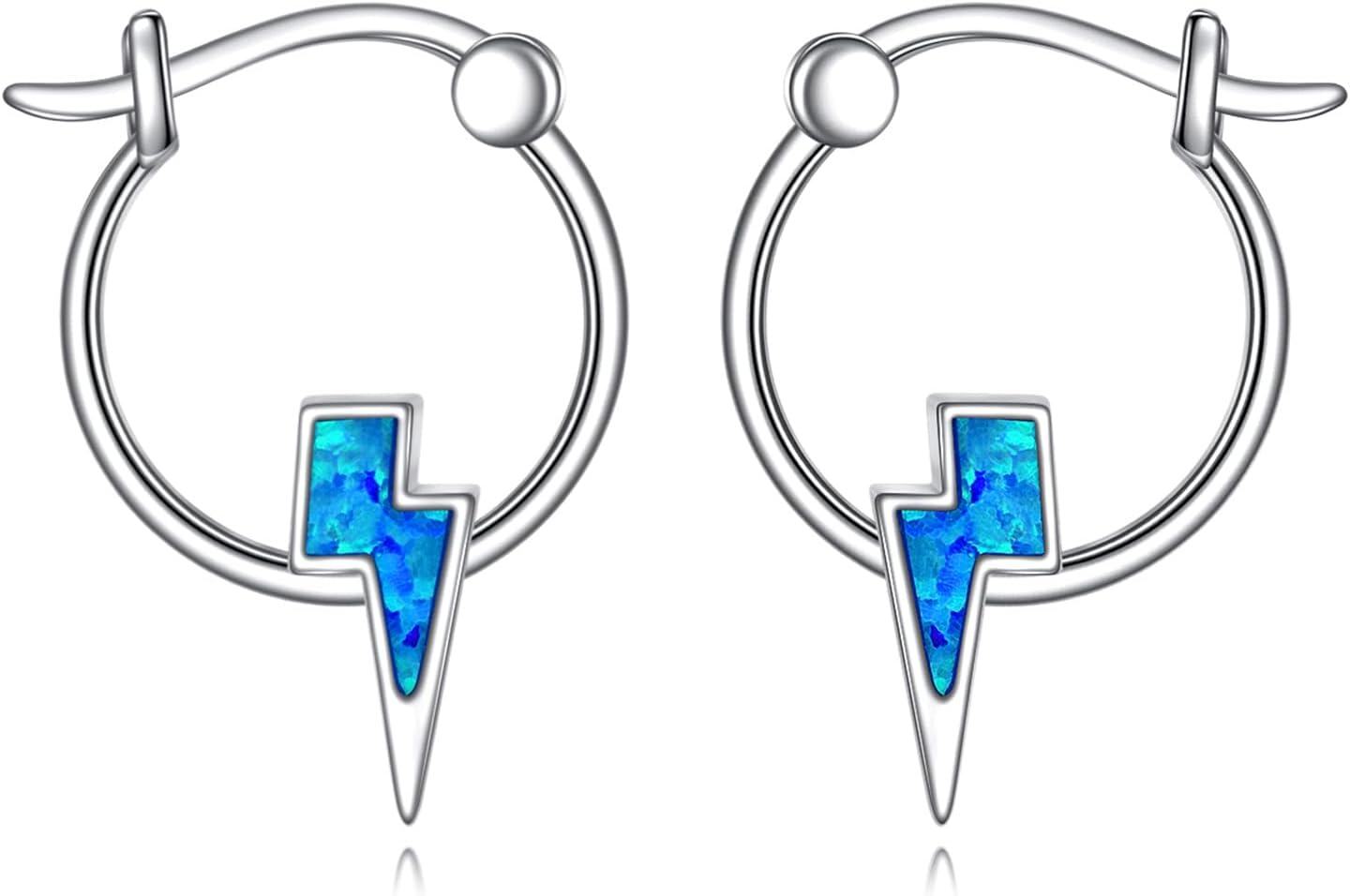 wholesale 925 Sterling Silver Lightning Bolt Blue Opal Stone Huggie Hoop Earrings-0-0