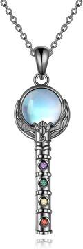 wholesale 925 Sterling Silver Rainbow Moonstone Magic Wand Pendant Necklaces for Women Gothic Witch Jewelry-0-0