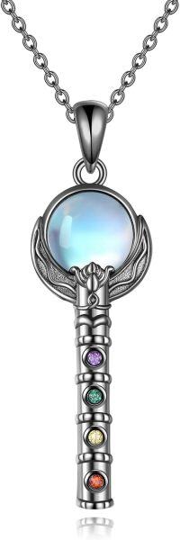 wholesale 925 Sterling Silver Rainbow Moonstone Magic Wand Pendant Necklaces for Women Gothic Witch Jewelry-Scepter