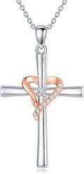 wholesale 925 Sterling Silver Rose Gold Heart & White Diamond Cross Pendant Necklace for Women-0-0