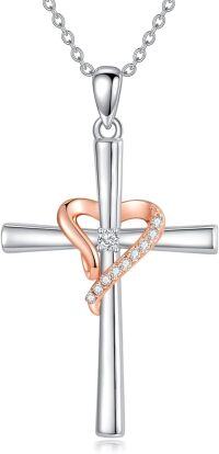 wholesale 925 Sterling Silver Rose Gold Heart & White Diamond Cross Pendant Necklace for Women-Style 2-heart