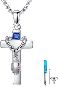 wholesale 925 Sterling Silver Sports Cross Cremation Urn Pendant Necklace  with Funnel Kit - Forever in My Heart (Basketball)-02-Football Urn Necklace