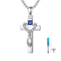 wholesale 925 Sterling Silver Sports Cross Cremation Urn Pendant Necklace  with Funnel Kit - Forever in My Heart (Basketball)-02-Football Urn Necklace