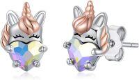 wholesale 925 Sterling Silver Hypoallergenic Rainbow Crystal Heart Unicorn Studs for Kids Teens Adults-White