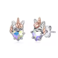 wholesale 925 Sterling Silver Hypoallergenic Rainbow Crystal Heart Unicorn Studs for Kids Teens Adults-White