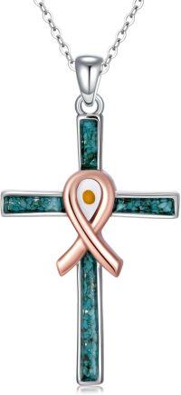 wholesale 925 Sterling Silver Turquoise Ribbon Cross Pendant Necklace s for Women-Pink Ribbon Cross