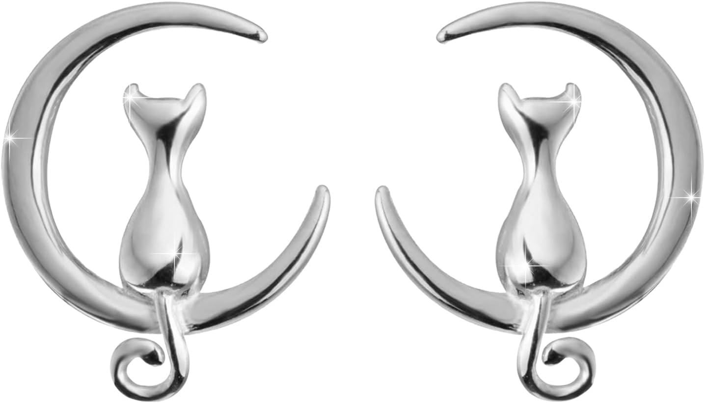 wholesale 925 Sterling Silver Cat and Crescent Moon Stud Earrings for Women-0-0