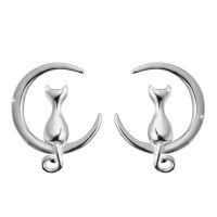 wholesale 925 Sterling Silver Cat and Crescent Moon Stud Earrings for Women-silver