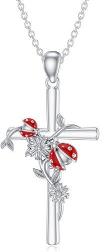 wholesale 925 Sterling Silver Cross Pendant Necklace w/Red Ladybugs & Flowers Christian  for Her-Red Ladybug