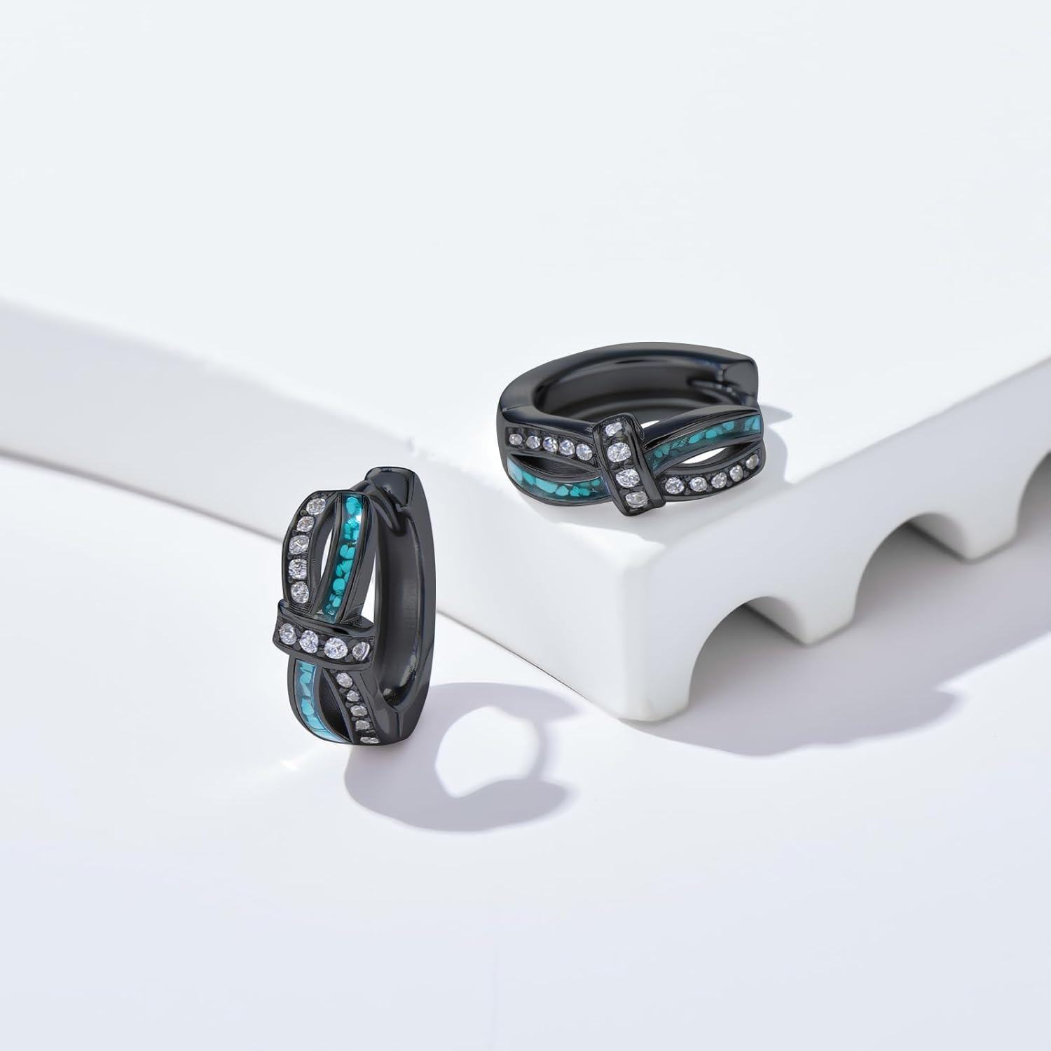 wholesale Black 925 Sterling Silver Turquoise & Crystal Hoop Earrings 15mm - Hypoallergenic  for Women and Men-0-1